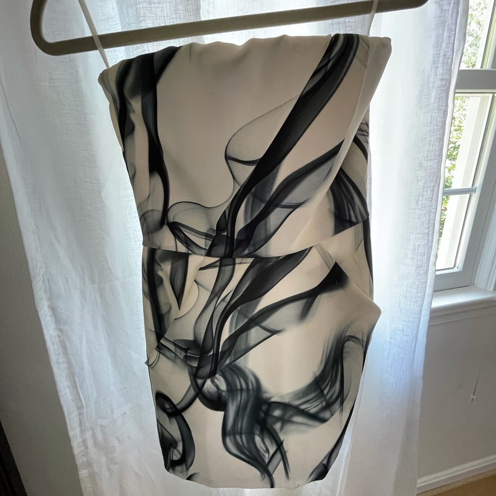 White and charcoal Maje strapless mini dress